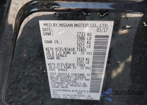 2017 Nissan Pathfinder Sl z USA, uszkodzony, nr VIN 5N1DR2MN0HC693053